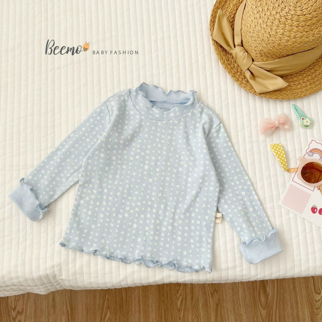 Áo cotton dài tay Beemo cổ 3p viền bèo hoa nhí 4 màu BG
