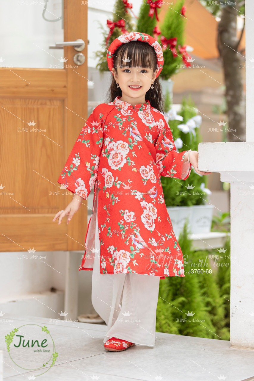 Áo dài gấm in hoa June 3 màu BG size 1 - 10y ( kèm mấn )