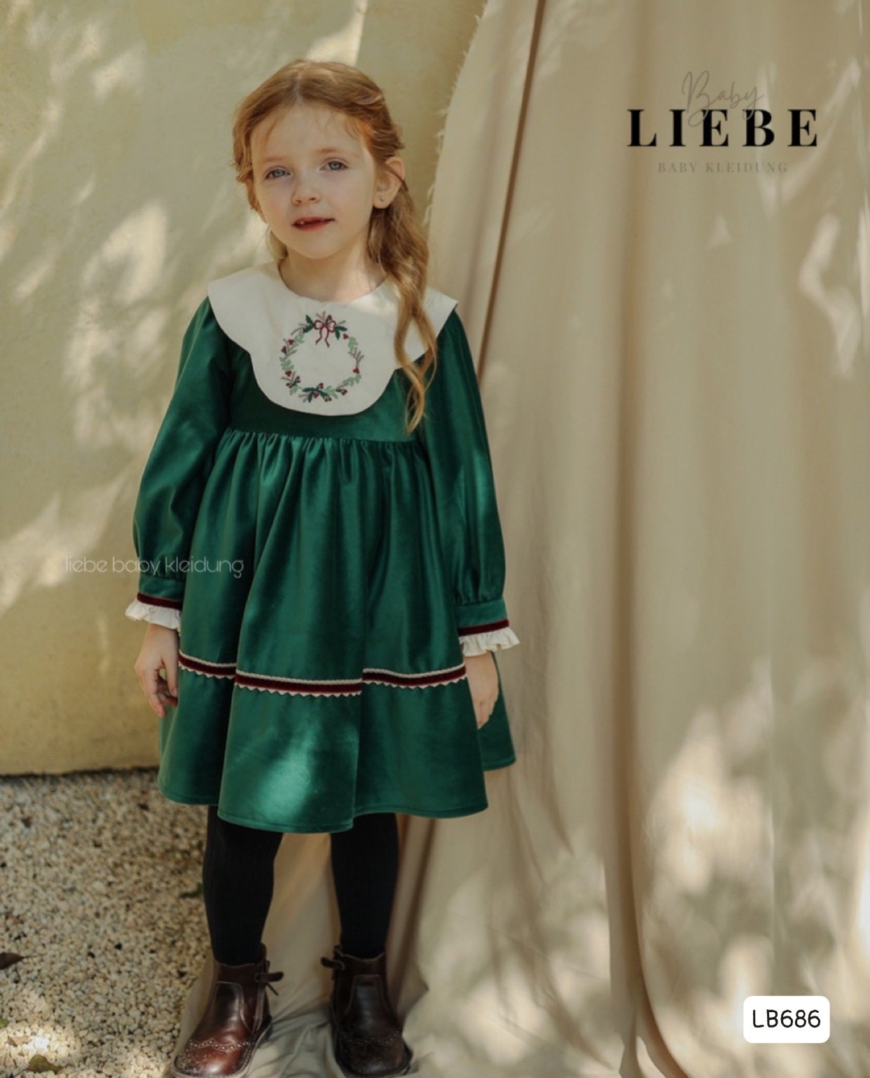 Váy nhung Liebe màu xanh cổ trắng BG size 2-11y