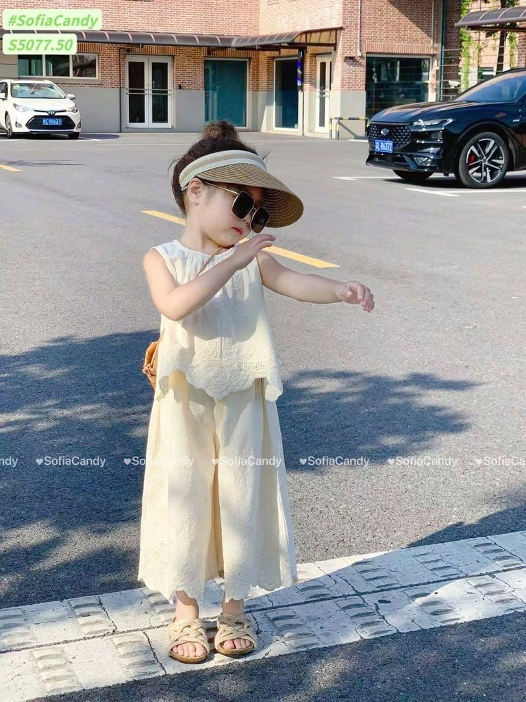 S5077 - Bộ Sofia Candy vải thô mềm thêu màu trắng cho bé gái size 1-10y