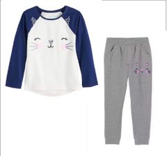 Bộ cotton Jumping beans raglan áo trắng hình mèo cười phối tay navy