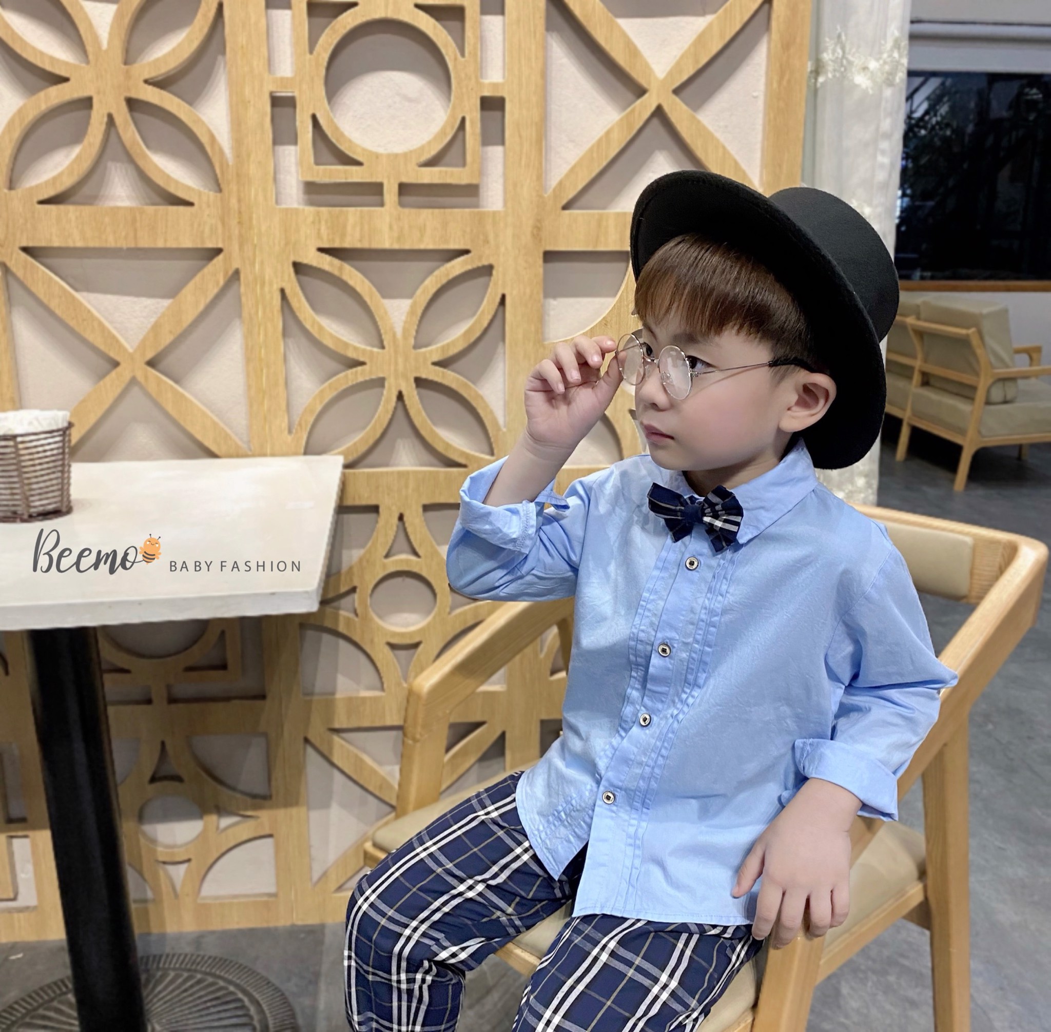 Set bộ Beemo sơ mi kèm nơ + quần kẻ BBR 2 màu size 80 - 130