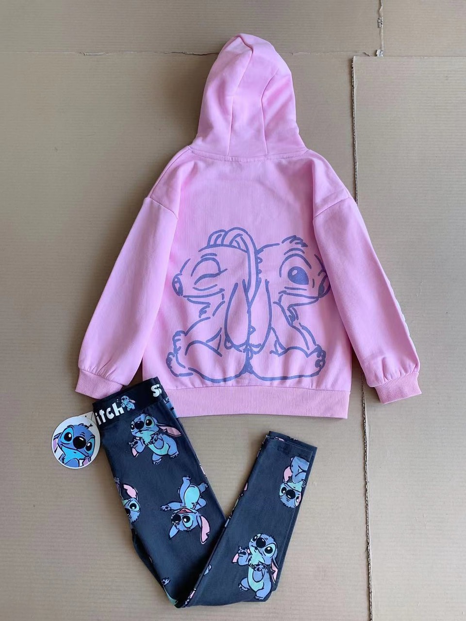 Bộ Primark áo nỉ bông hoodie hồng Stitch + quần legging cotton size 7 - 15y