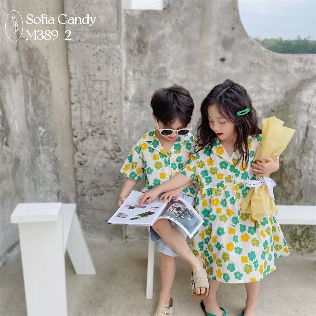 Váy thô Mia Kids cổ vest màu kem hoa đỏ / hoa xanh