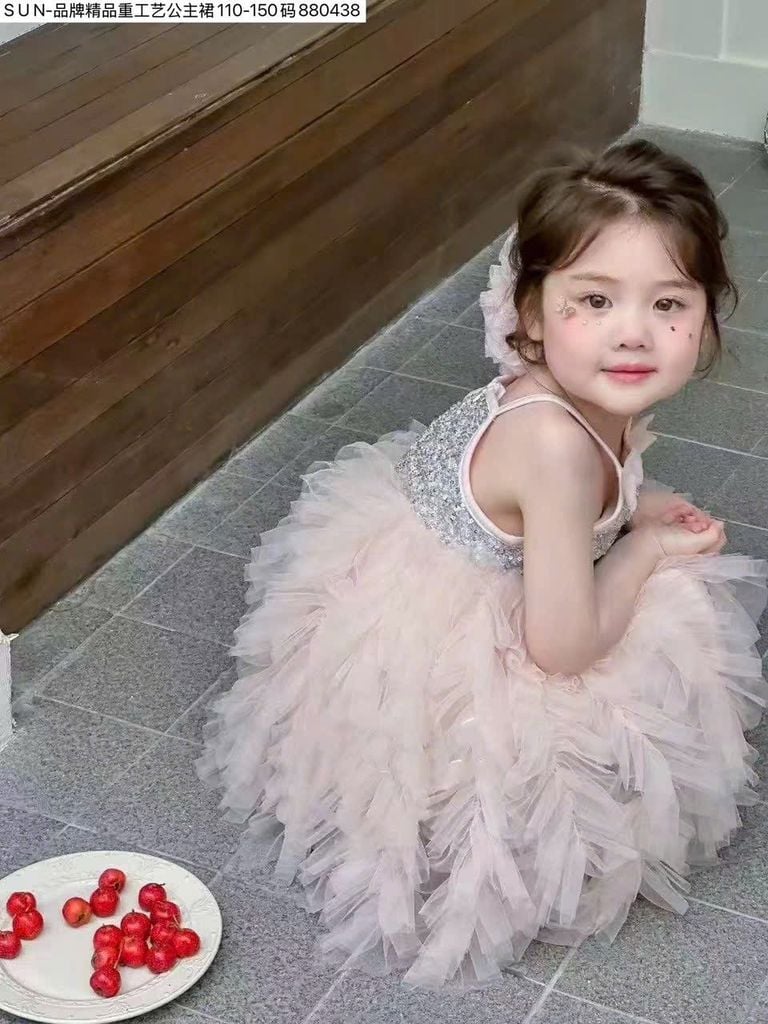 XLX 5251 - Váy QC hai dây công chúa đính kim sa phối chân ren hồng size 90-130
