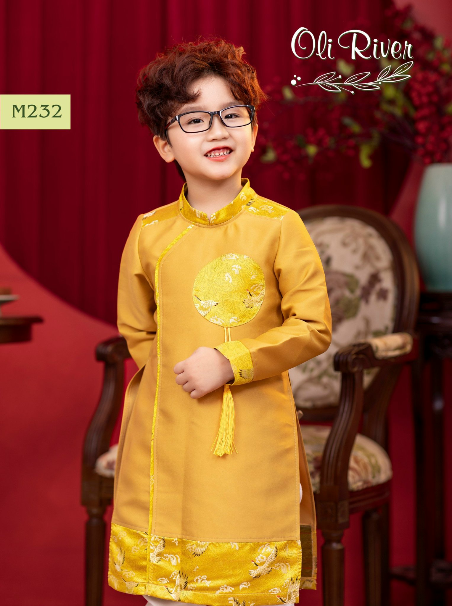 Áo dài Oli River bản gấm tròn phối dây tua rua 2 màu vàng/đỏ BT size 2-11y (ko kèm quần)