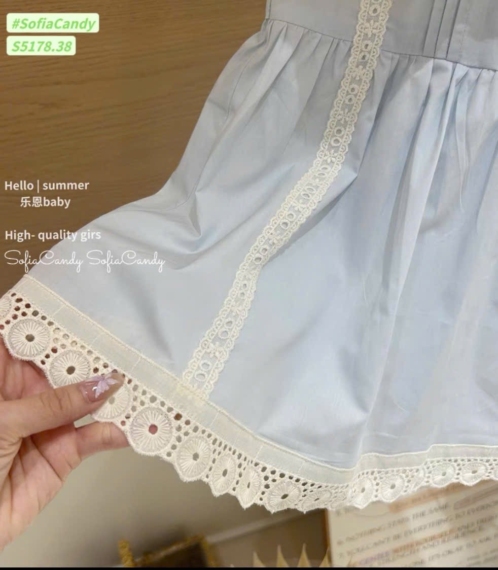 S5178 - Váy thô xanh Sofia Candy phối cổ ren trắng thêu bé gái size 1-10y