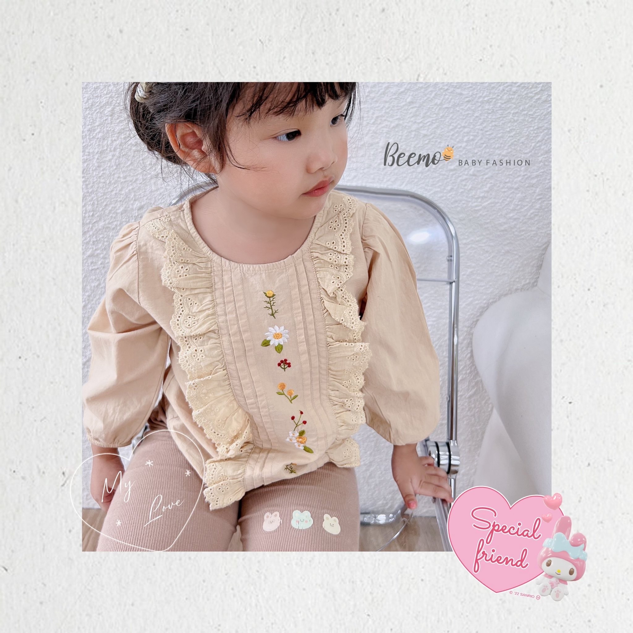 Áo sơmi thô Beemo thêu hoa ngực 2 màu