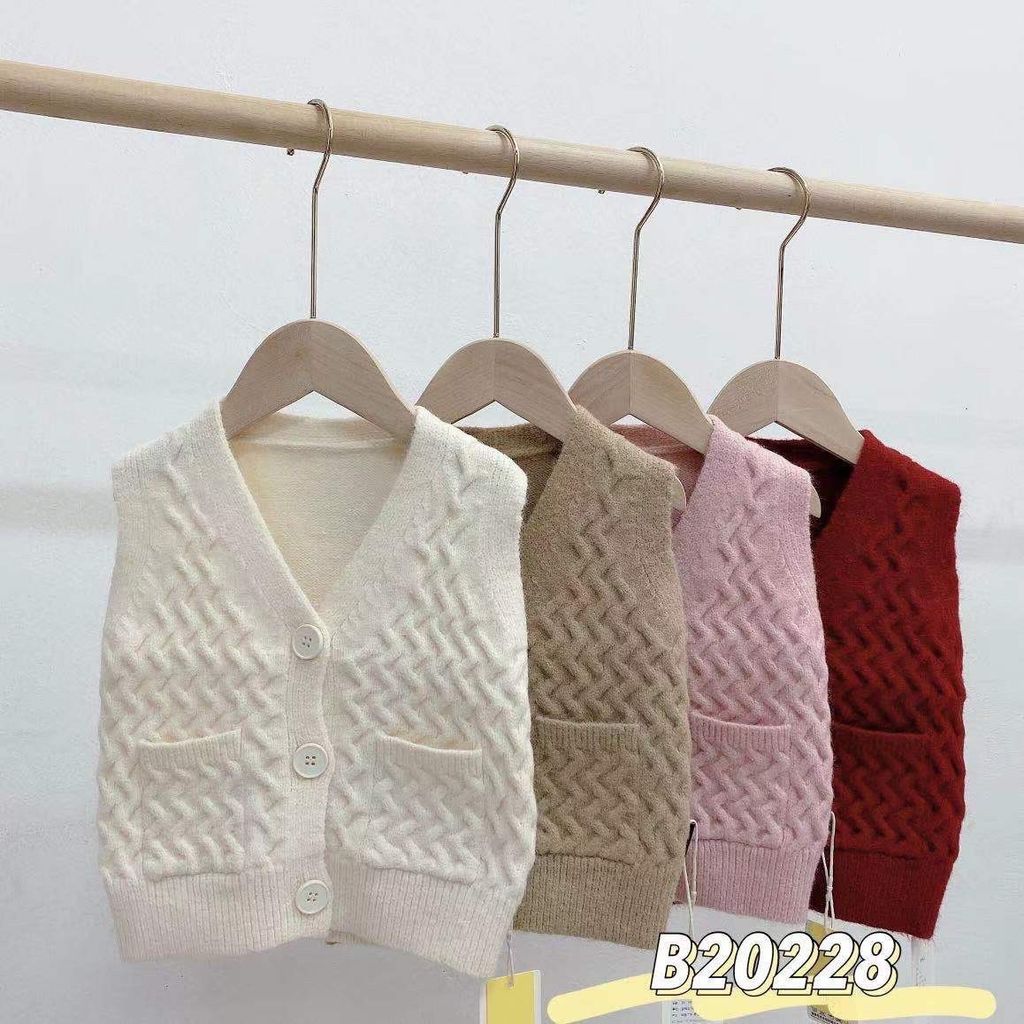 Áo gile len cài khuy Bé gái nổi vân Zíc Zắc 4 màu