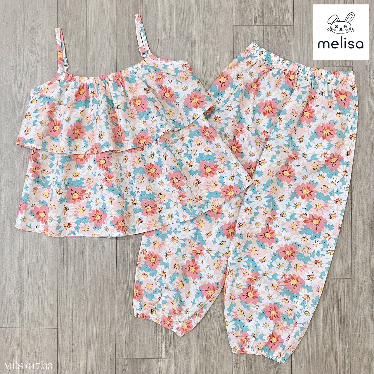 Bộ thô lanh Melisa áo 2 dây xếp bèo - quần boom 2 màu hoa size 2 - 11y