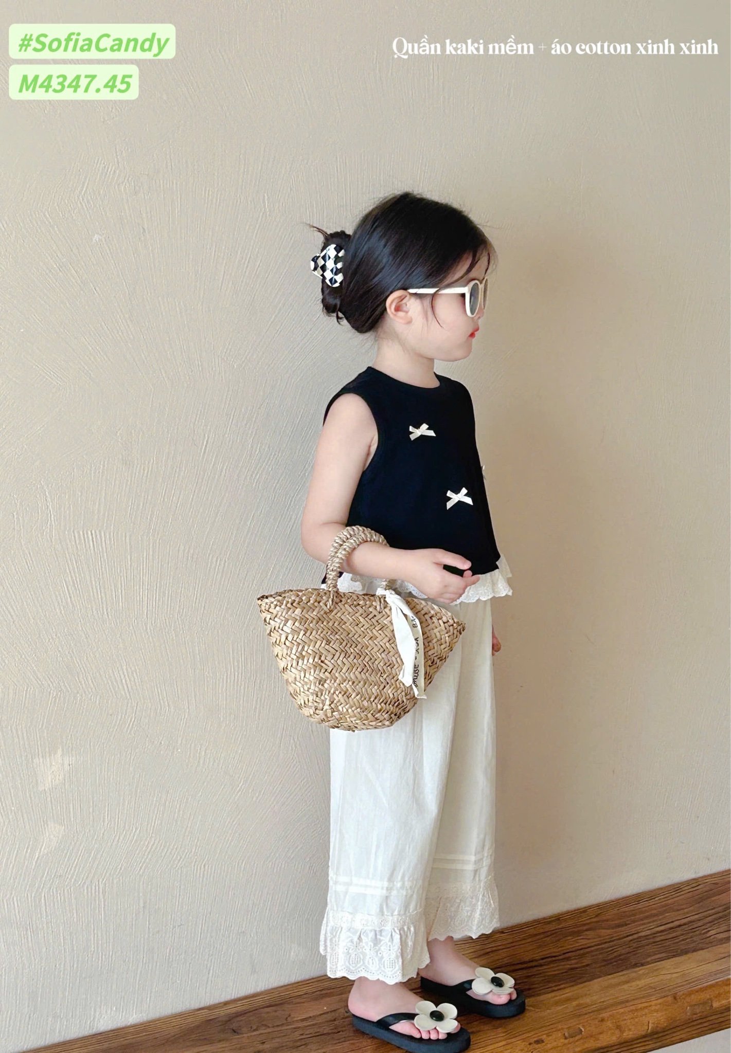 M4347 - Bộ Mia Kids tiểu thư áo đen đính nơ + quần culottes màu kem size 1-10y