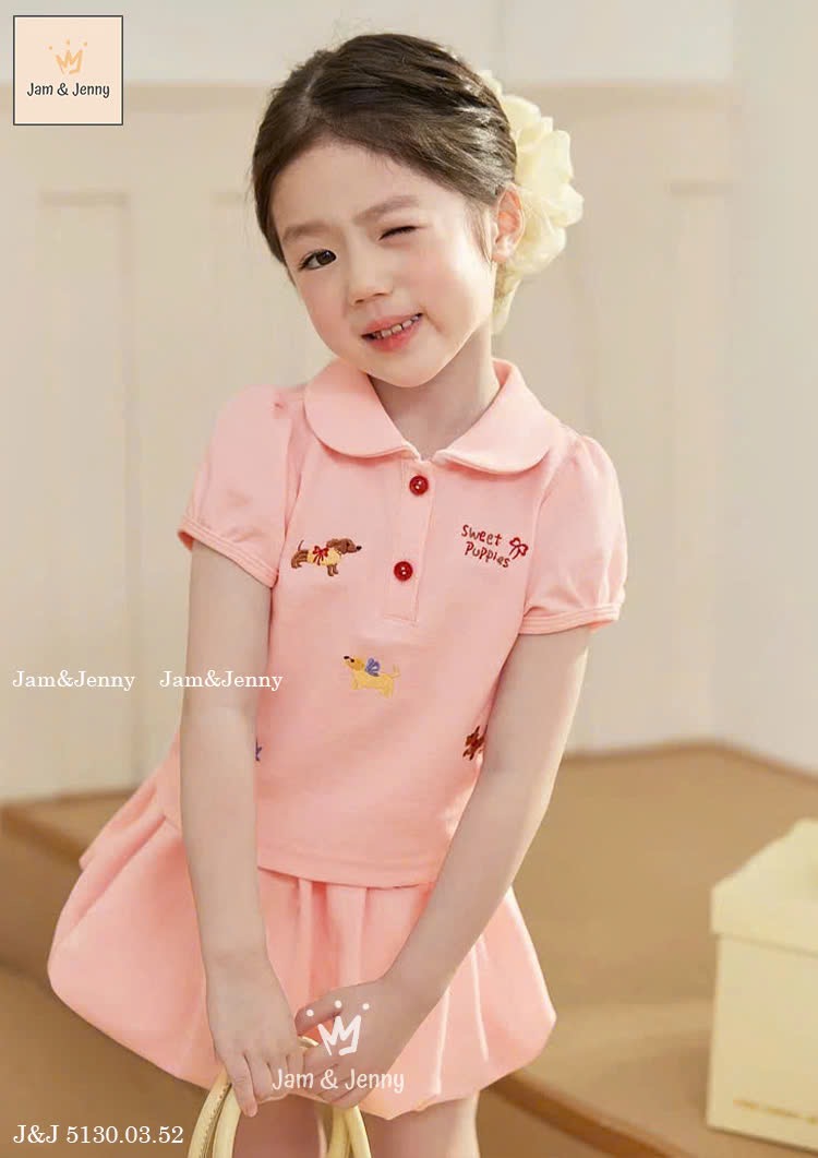 JJ 5130 - Bộ Jam & Jenny áo cotton cổ sen nhiều hoạ tiết + chân váy bí màu hồng size 2-12y