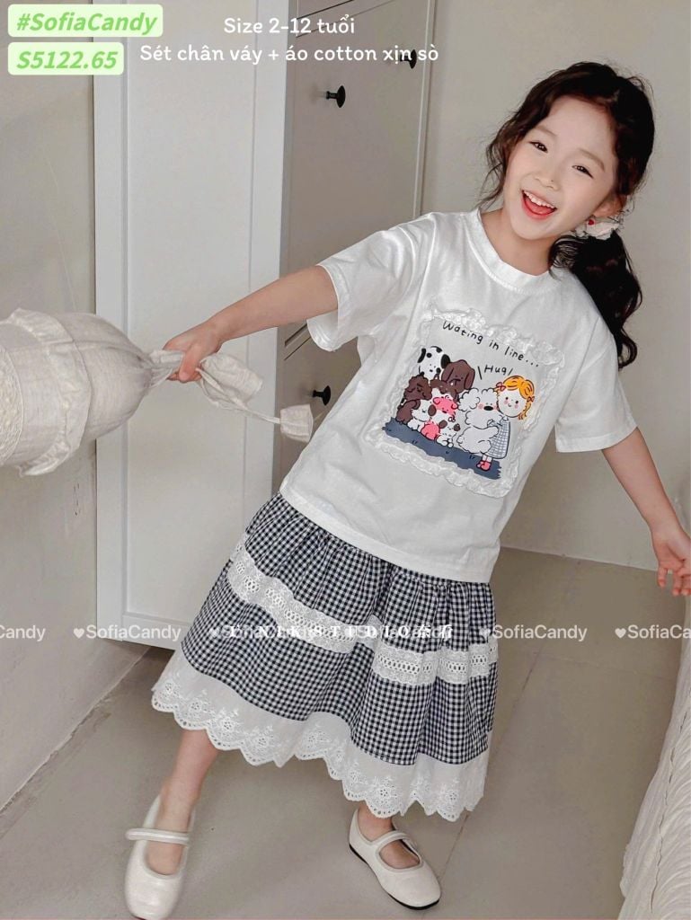 S5122 - Bộ Sofia Candy áo cotton trắng in hoạ tiết viền ren + chân váy dài caro bé gái size 2-12y