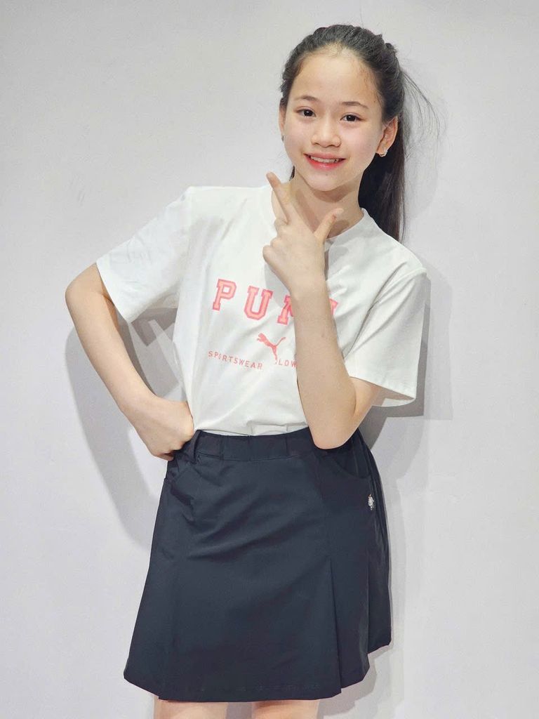 Áo thun thể thao P.U.M.A màu trắng chữ hồng cho bé size 130 - 160