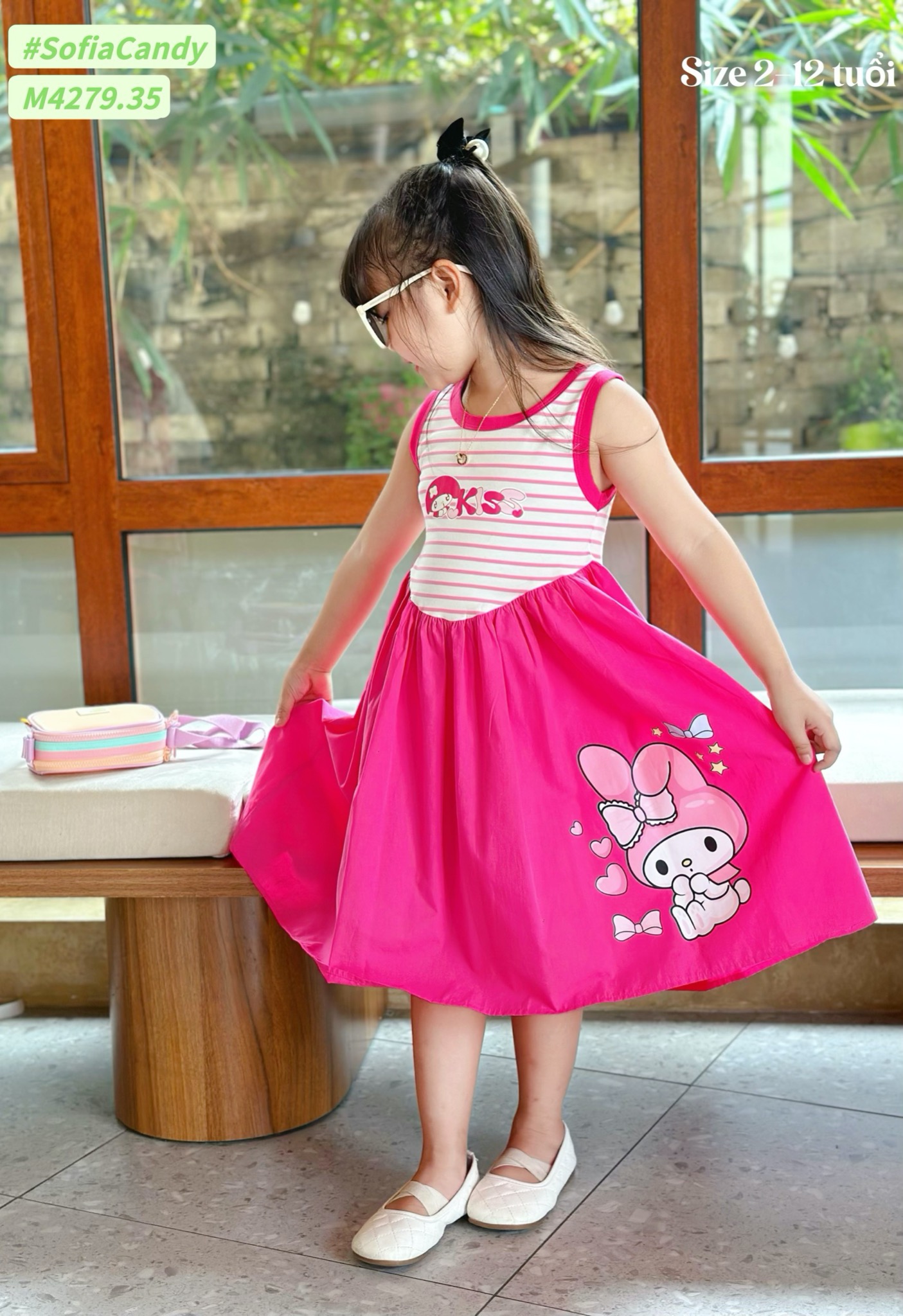 M4279 - Váy cotton Mia Kids kẻ thỏ hồng Melody size 2-12y
