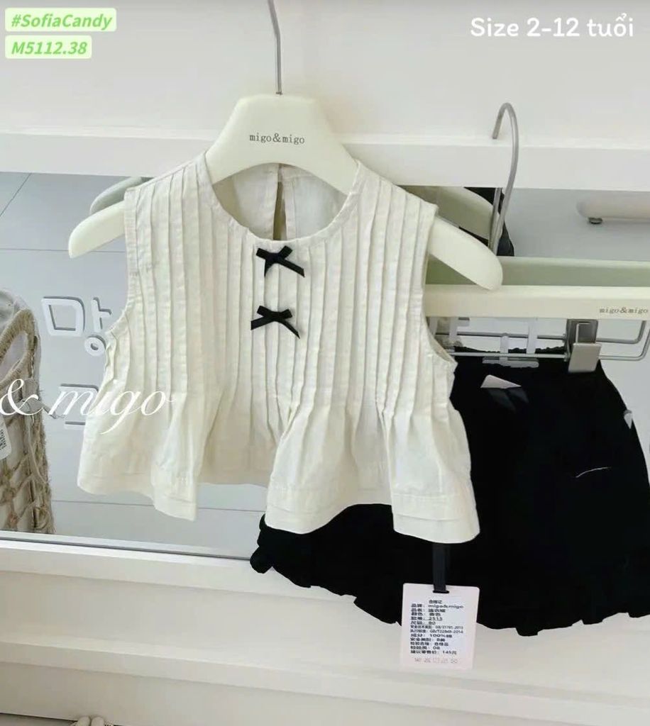 M5112 - Bộ Mia Kids áo trắng đính nơ + quần kaki bé gái size 2-12y
