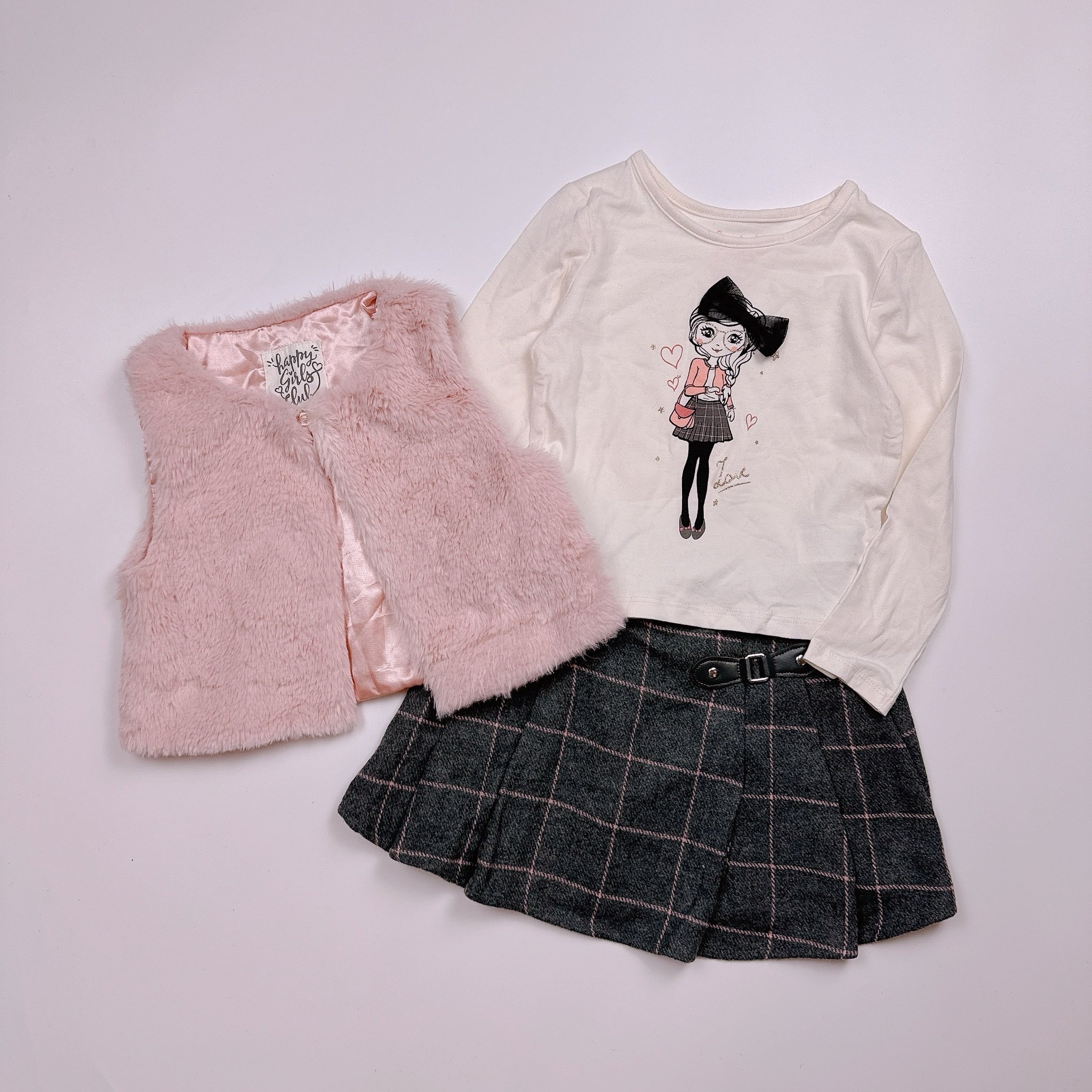 Set 3ct C & A áo cotton hình bé gái - gile lông hồng - chân váy dạ caro ghi size 98 - 140