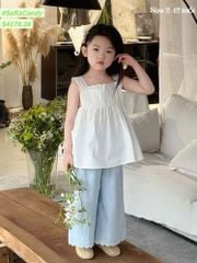 S4178 - Set bộ Sofia Candy áo ren trắng xếp ly phối quần xanh size 2-12y