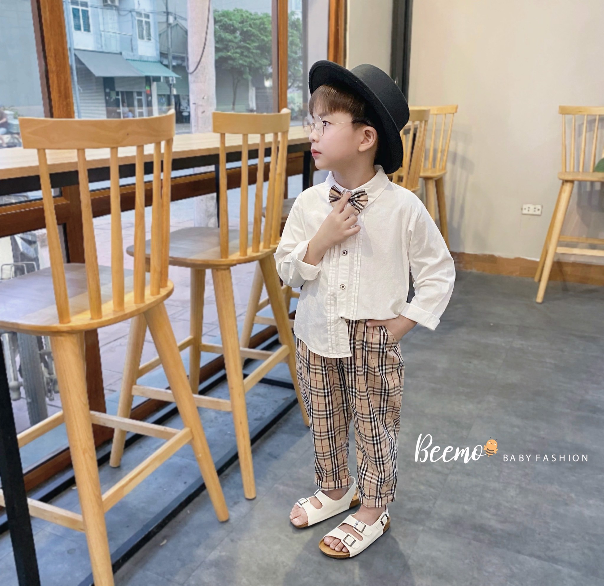 Set bộ Beemo sơ mi kèm nơ + quần kẻ BBR 2 màu size 80 - 130