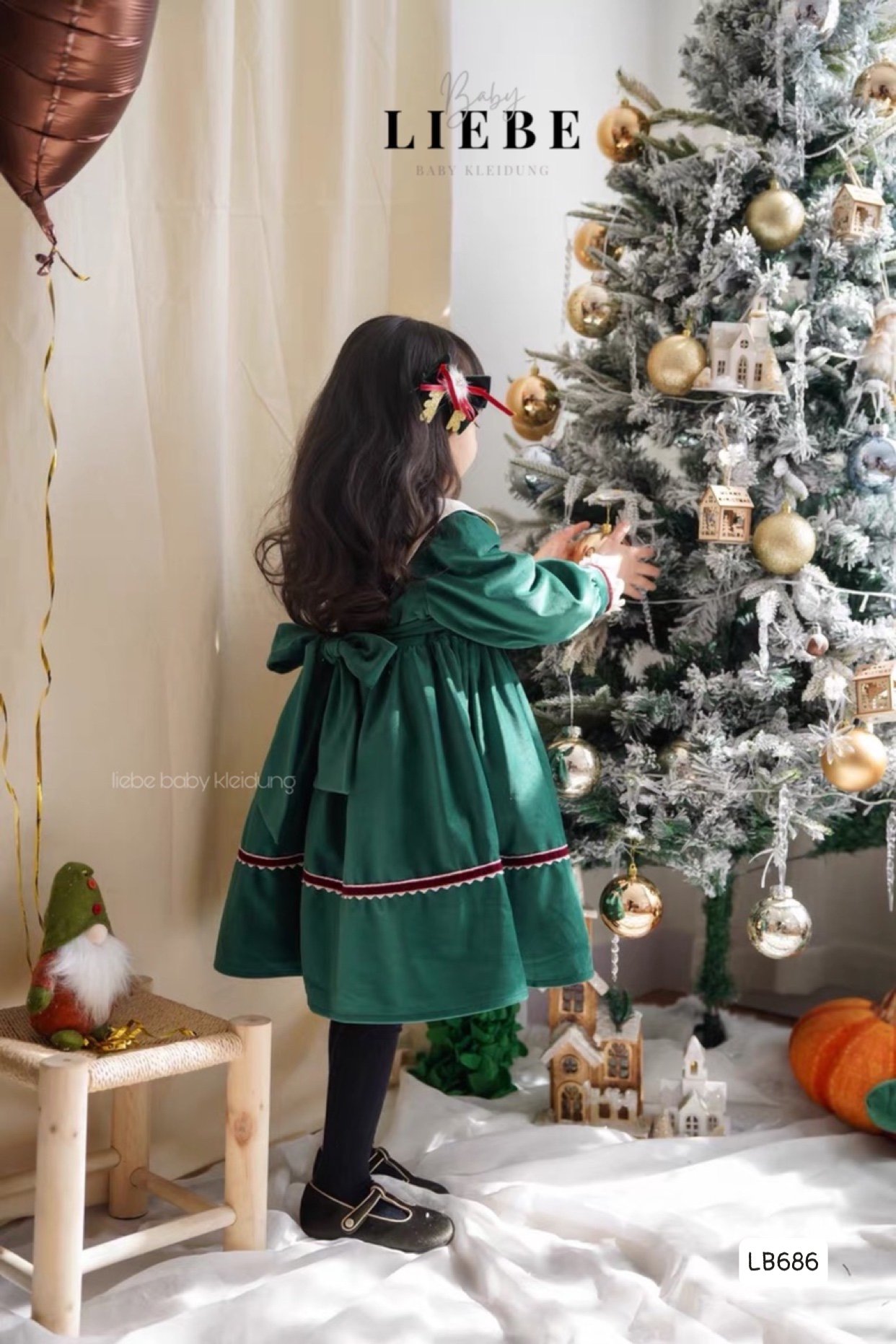 Váy nhung Liebe màu xanh cổ trắng BG size 2-11y