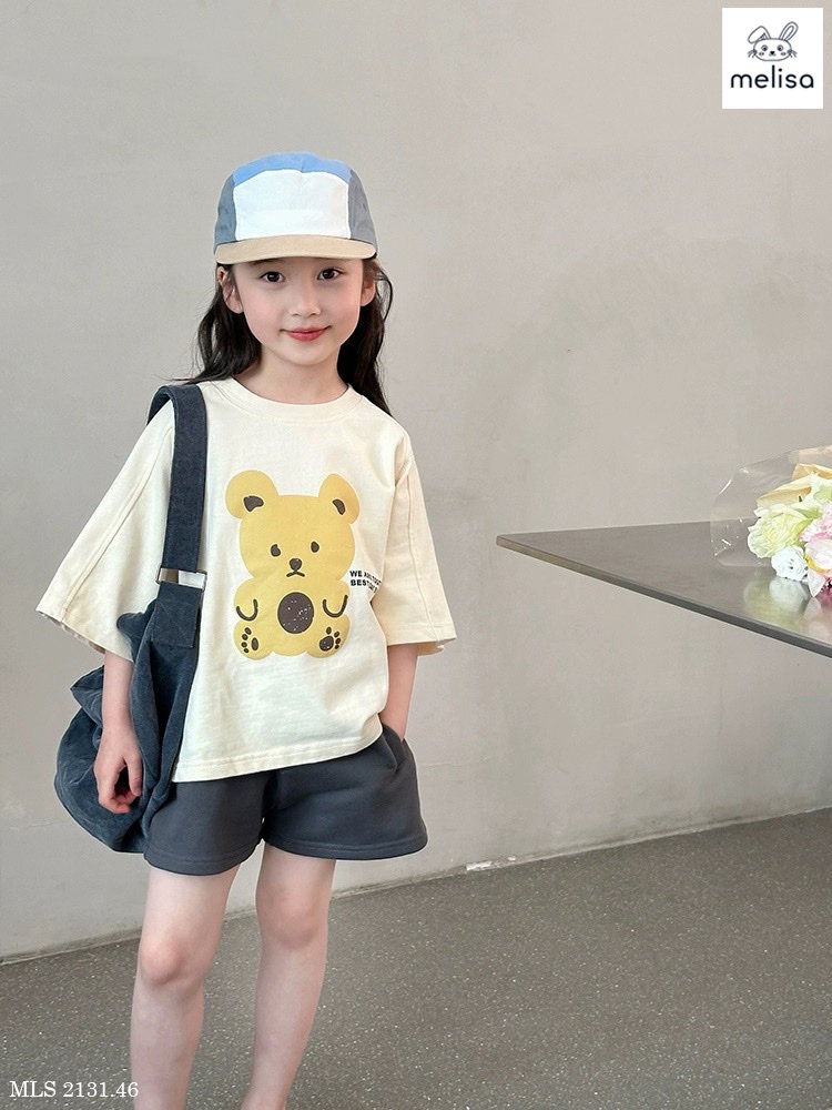 Set bộ Melisa áo kem hình gấu teddy + quần BG size 2-12y