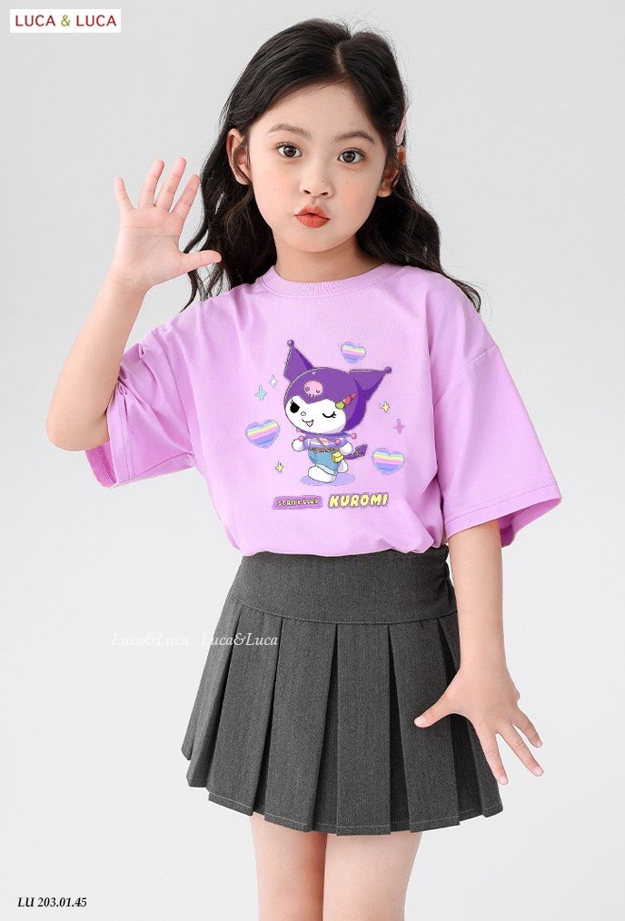 Set Luca áo cotton + chân váy xếp ly Kuromi 2 màu Tím/hồng size 2-12y