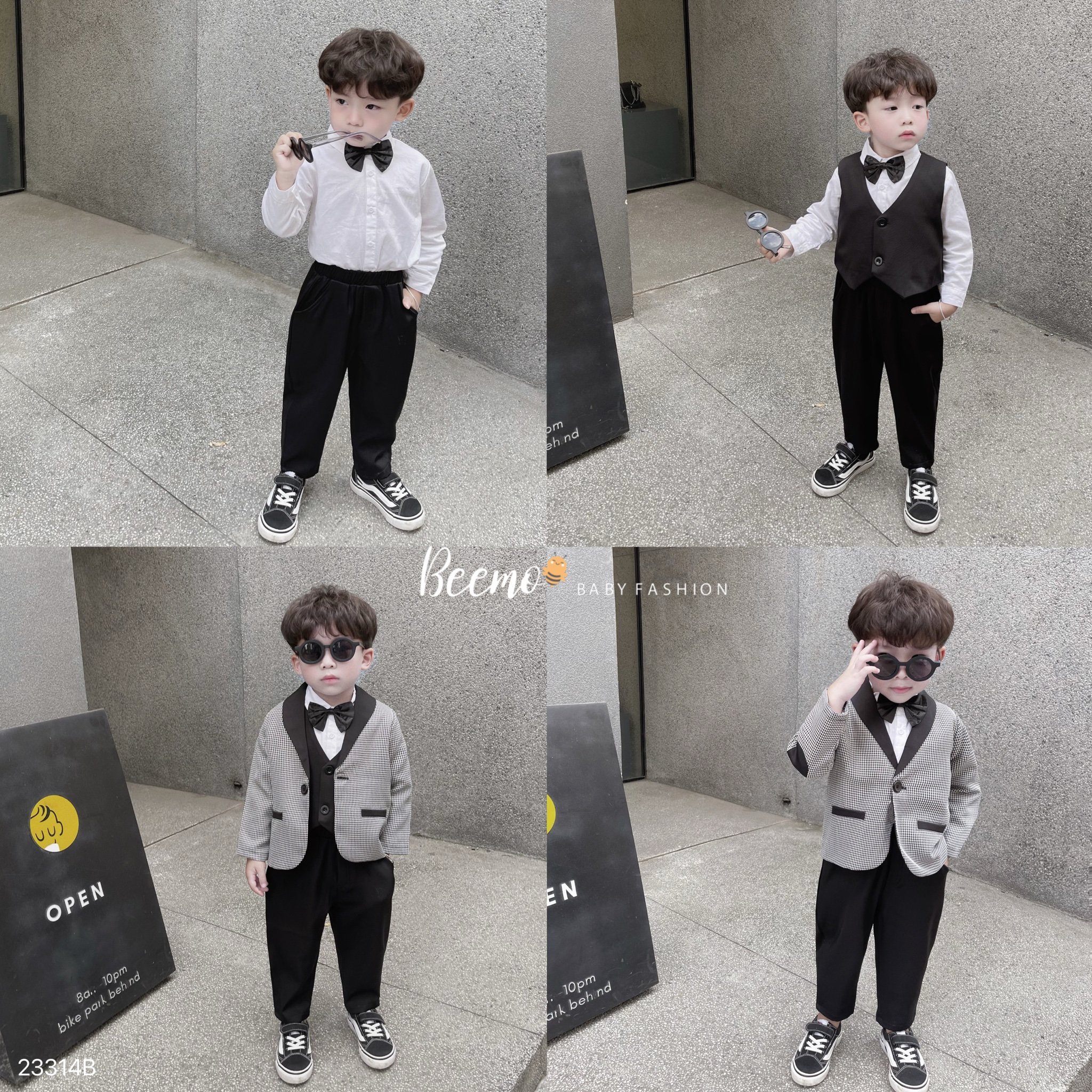 Set 5 chi tiết Beemo áo Vest kẻ đen + Gile đen + áo sơ mi + quần + nơ size 80 - 130