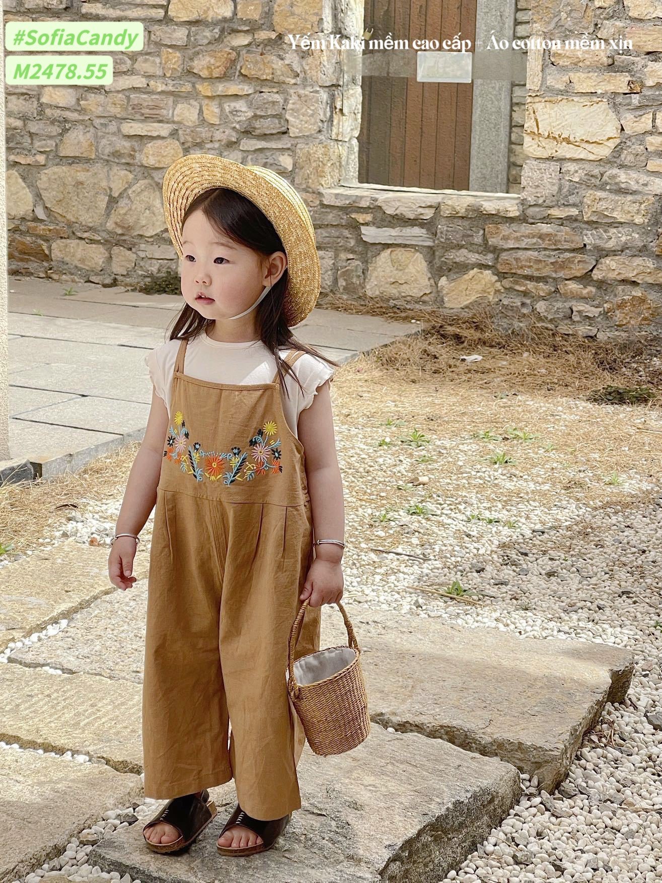 Set Mia Kids yếm thô nâu thêu hoa ngực phối áo cotton trắng size 1 - 10y