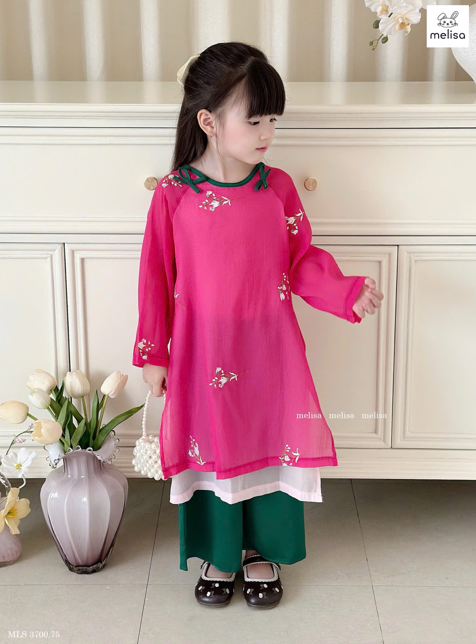 MLS 3700 - Áo dài Melisa hồng thêu hoa phối nơ xanh bé gái size 2-12y