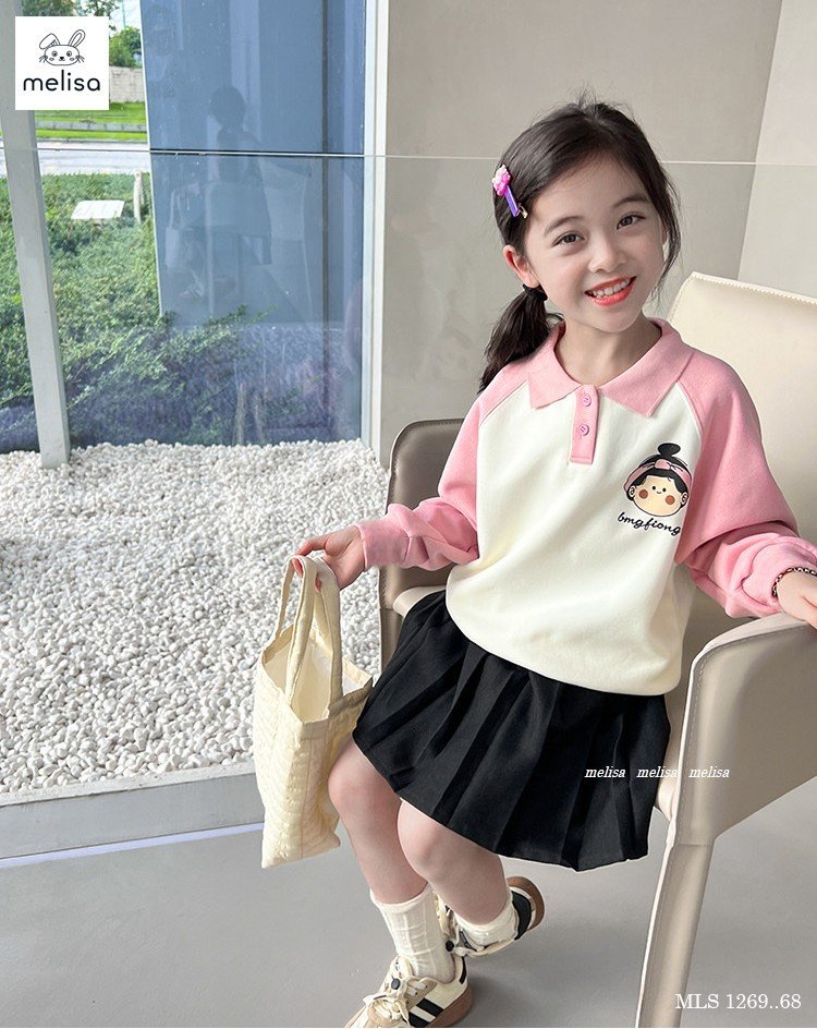 Set Melisa áo trắng phối hồng in hình bé gái - chân váy xếp li đen size 2 - 12y