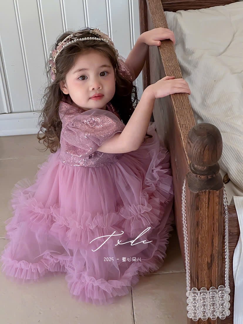 Váy công chúa QC đính kim sa tay bồng hồng/xanh bé gái size 90-130