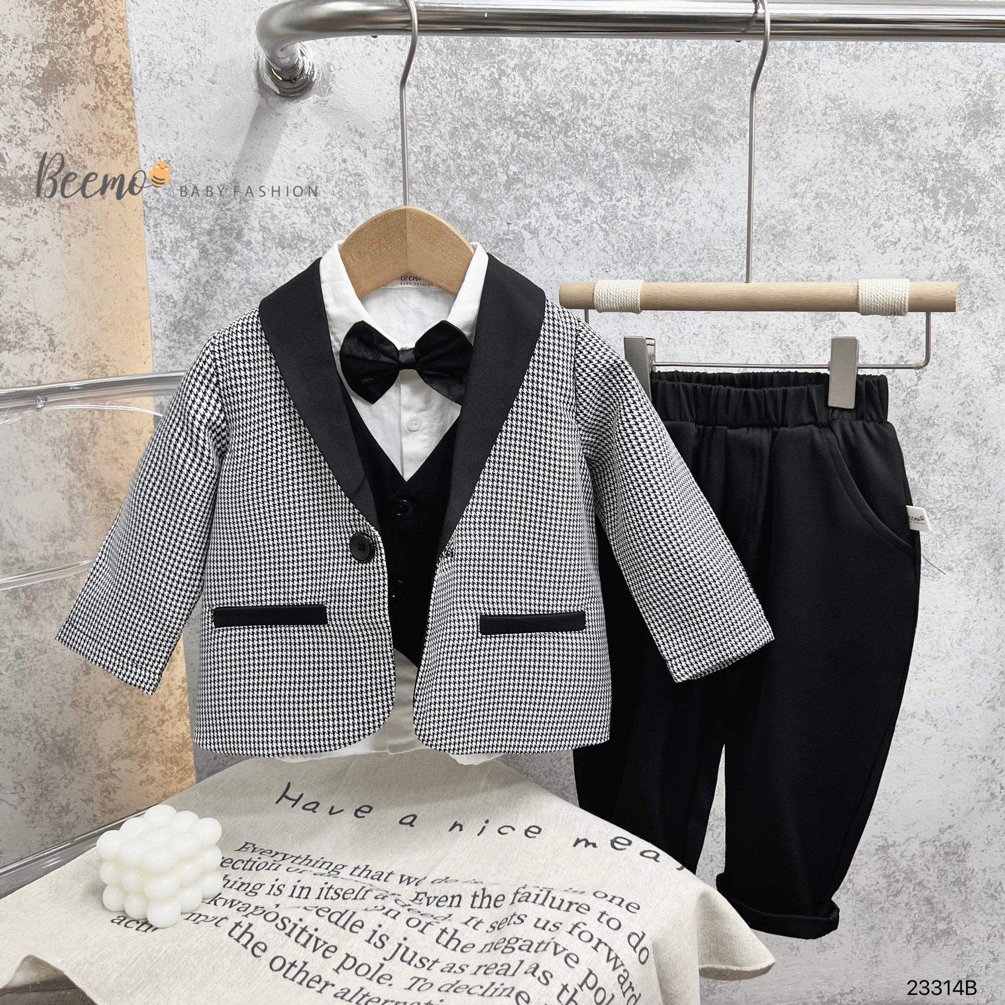 Set 5 chi tiết Beemo áo Vest kẻ đen + Gile đen + áo sơ mi + quần + nơ size 80 - 130