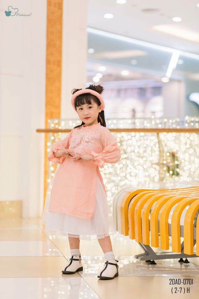 Áo dài voan Sapodill thêu ngực hồng / vàng size 7 - 12 y