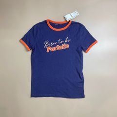 Áo cotton Gemo- navy viền cam chữ Born to be Parfaite