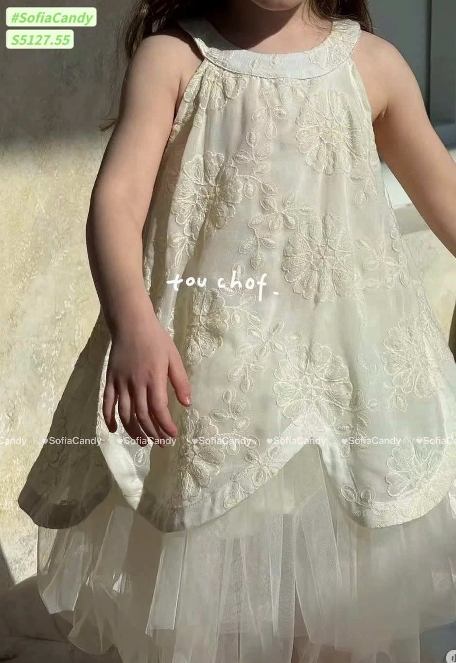 S5127 - Váy Sofia Candy công chúa màu kem thêu hoa phối chân ren mềm size 1-10y