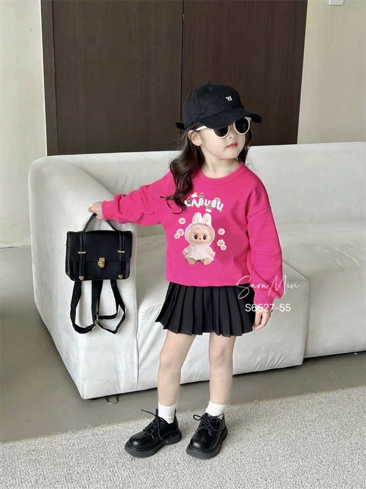 Set Sara Min áo da cá hồng Labubu - chân váy xếp li đen size 2 - 12y