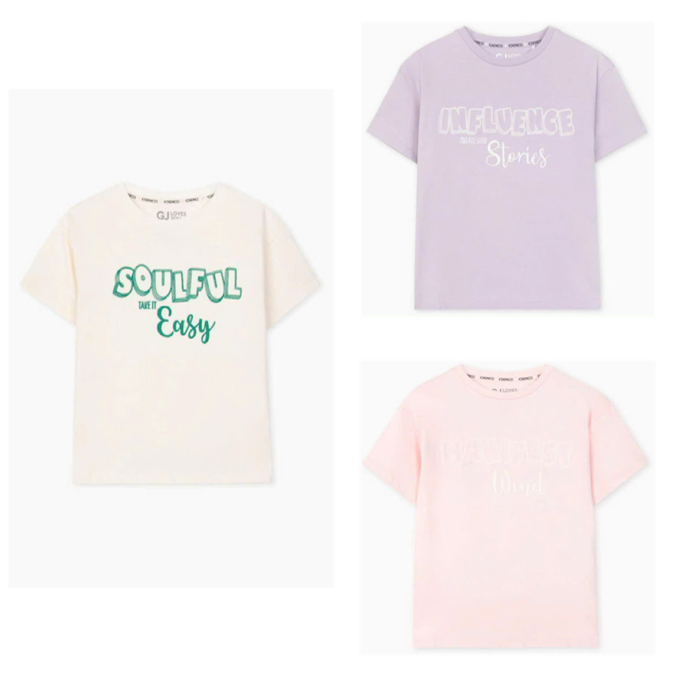 Áo cotton GGJJ thêu chữ ngực 3 màu Bé Gái size 2 - 10y