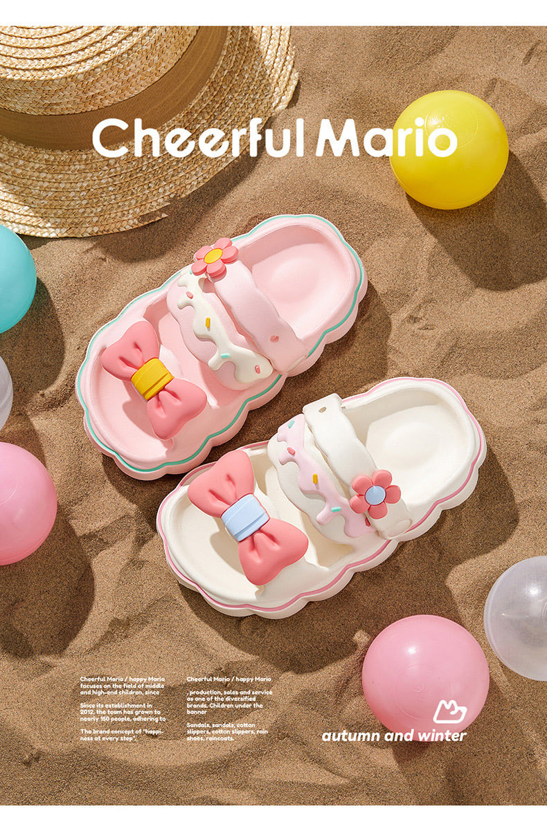 Sandal nhựa mềm Mario hoạ tiết nơ hoa 2 màu hồng/kem bé gái size 170-220