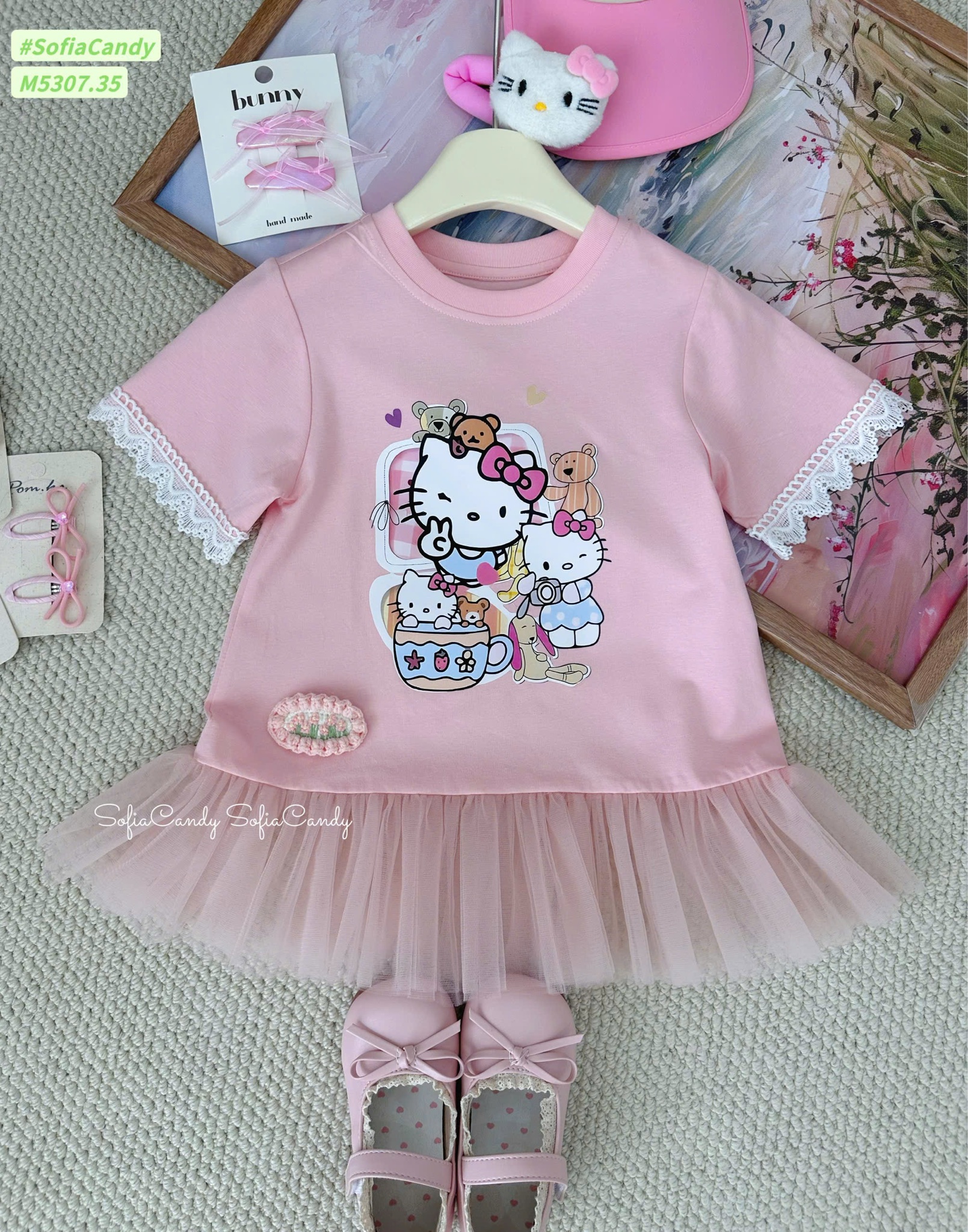 M5307 - Váy cotton Mia Kids hồng Hello Kitty chân váy phối voan size 1-10y