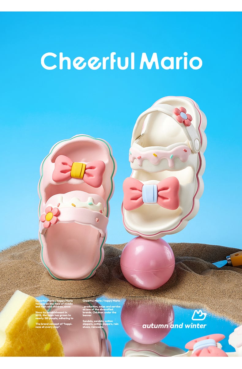 Sandal nhựa mềm Mario hoạ tiết nơ hoa 2 màu hồng/kem bé gái size 170-220