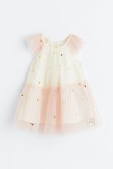 Váy công chúa HM ren lưới đính trái tim nhũ màu be hồng size 6m-4y