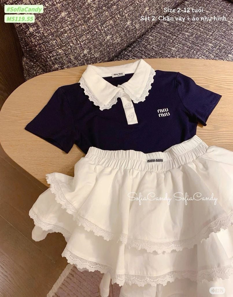 M5119 - Set bộ Mia Kids Miu Miu áo + chân váy 2 màu size 2 - 12y