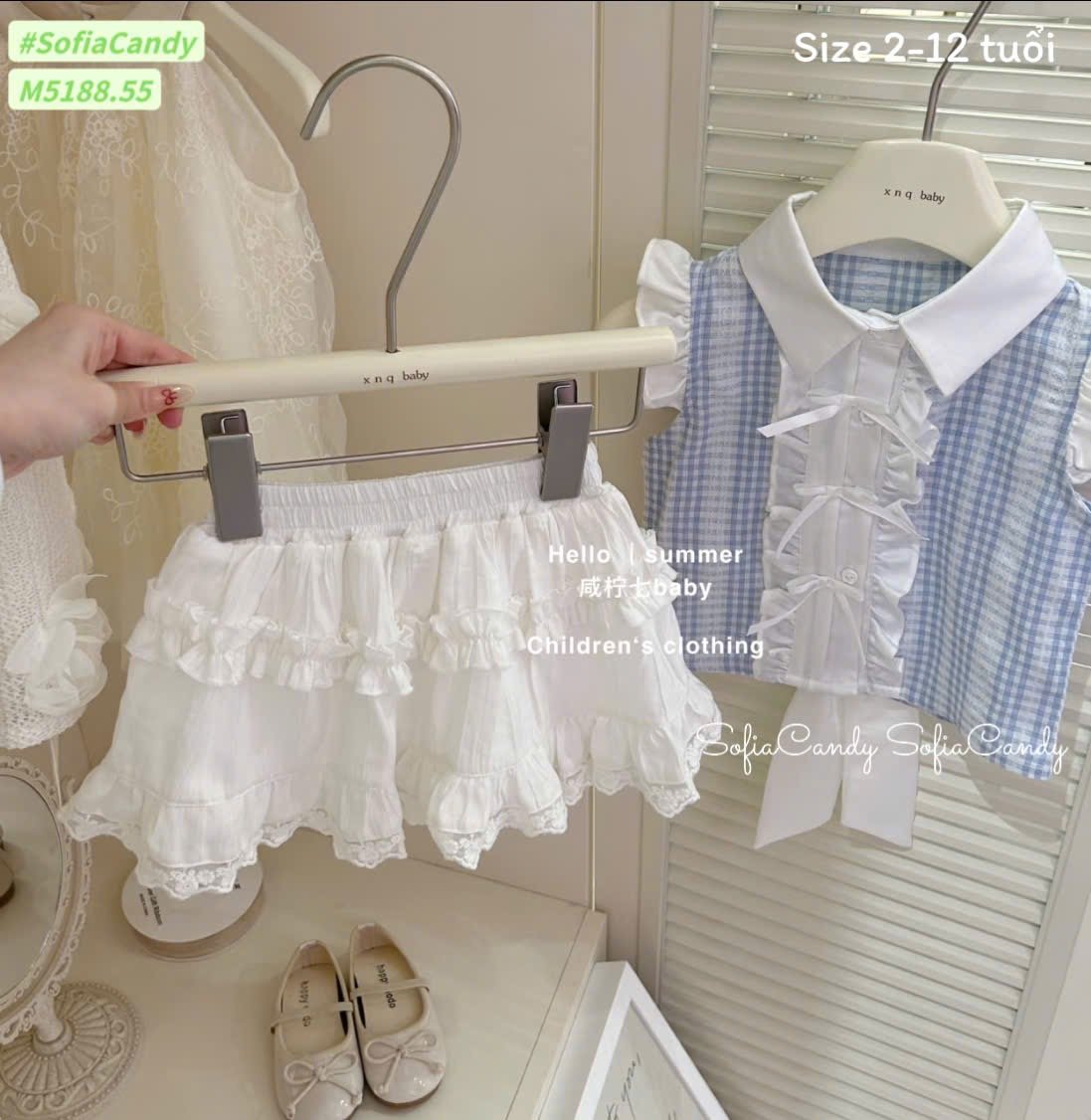 M5188 - Bộ Mia Kids áo kẻ nơ xanh + chân váy trắng bé gái size 2-12y