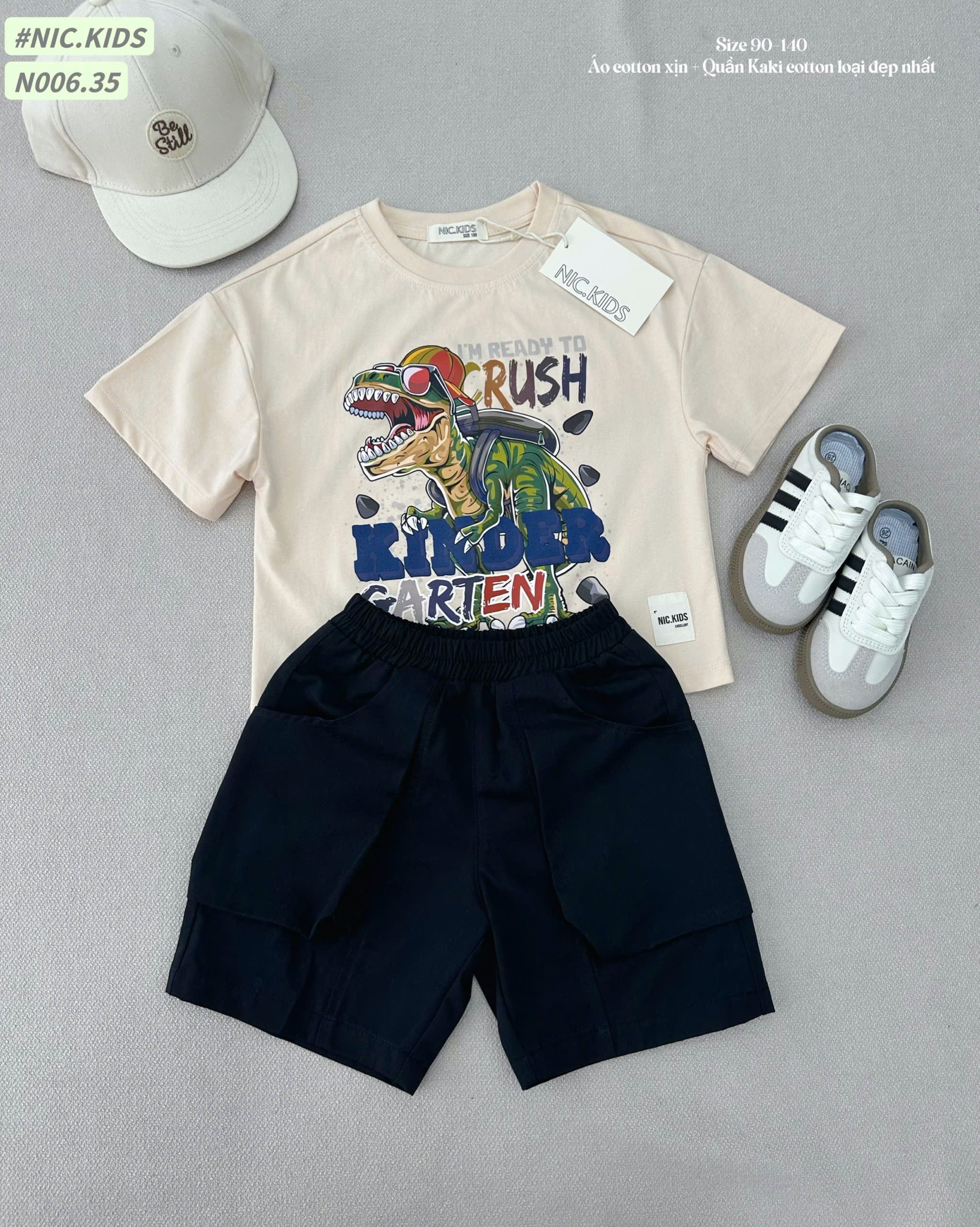 N006 - Bộ cotton Nickids màu be in khủng long phối quần kaki đen bé trai size 90-140