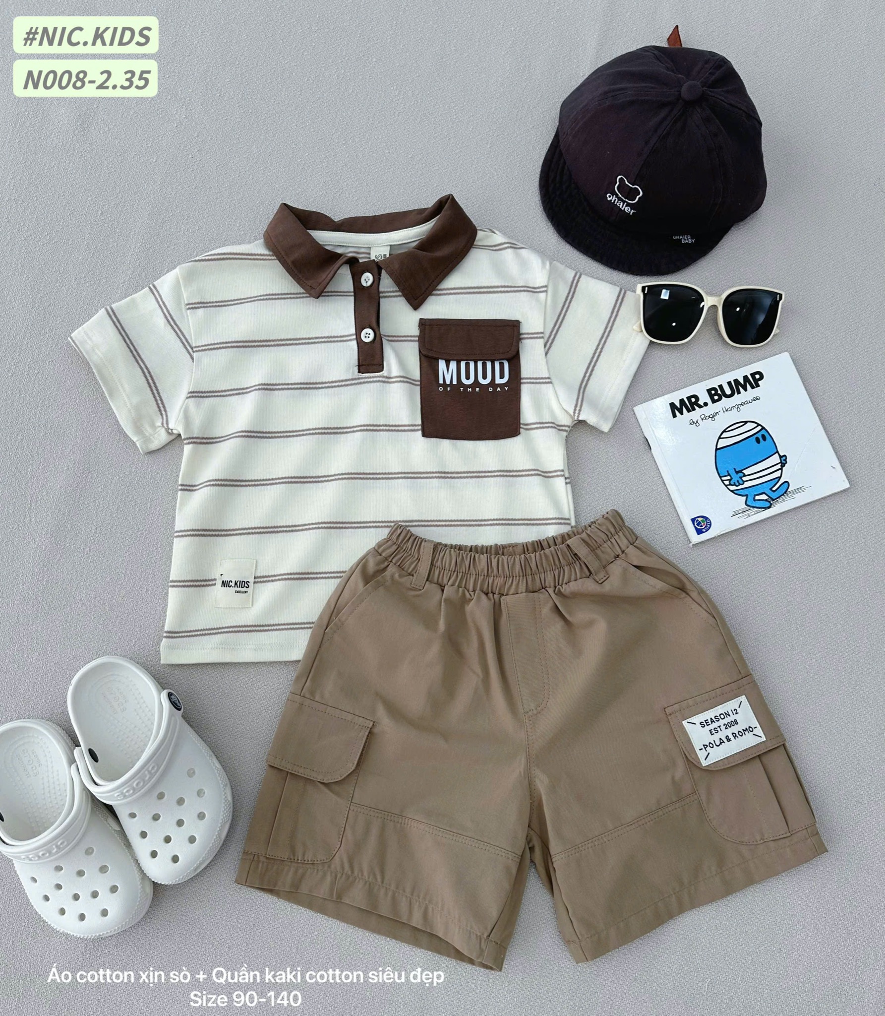 N008 - Bộ cotton Nickids cổ đức túi ngực chữ Miu kẻ 2 màu + quần kaki bé trai size 90-140