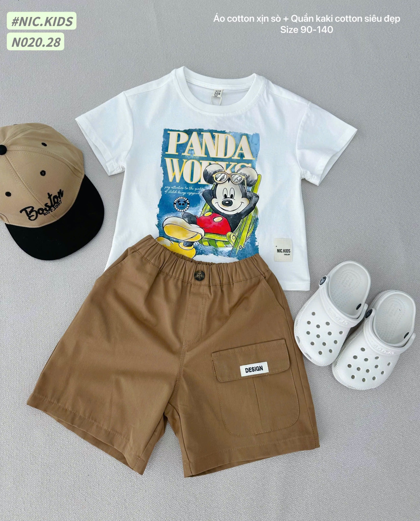 N020 - Bộ cotton Nickids màu trắng in hình Mickey + quần kaki nâu bé trai size 90-140
