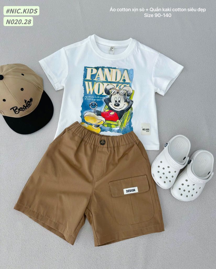 N020 - Bộ cotton Nickids màu trắng in hình Mickey + quần kaki nâu bé trai size 90-140