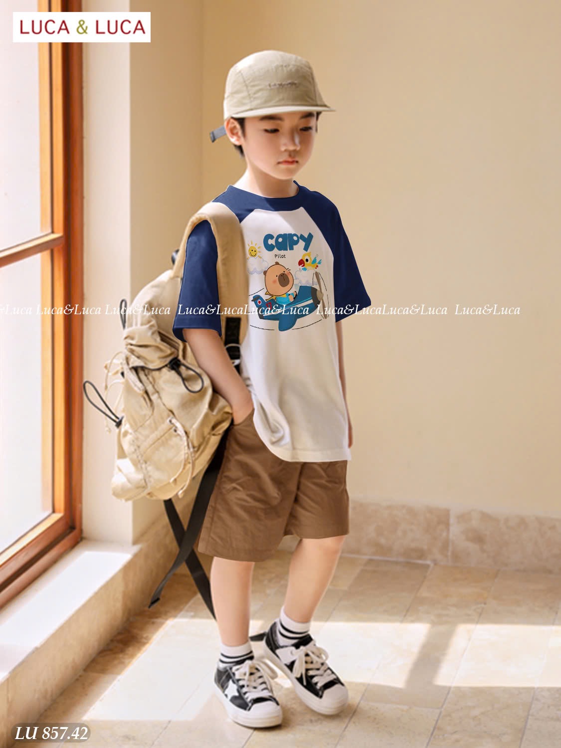 LU 857 - Bộ Luca Luca tay giác lăng Capybara lái máy bay + quần kaki bé trai size 2-12y