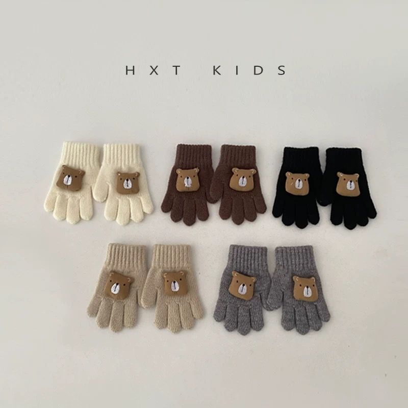 Găng tay len trơn màu mặt gấu nhiều màu size 2-8y