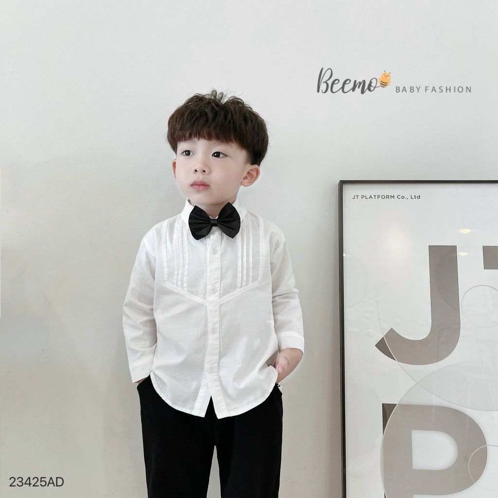 Áo sơ mi trắng cổ đức Beemo xếp li ngực ( kèm nơ ) size 80 - 130